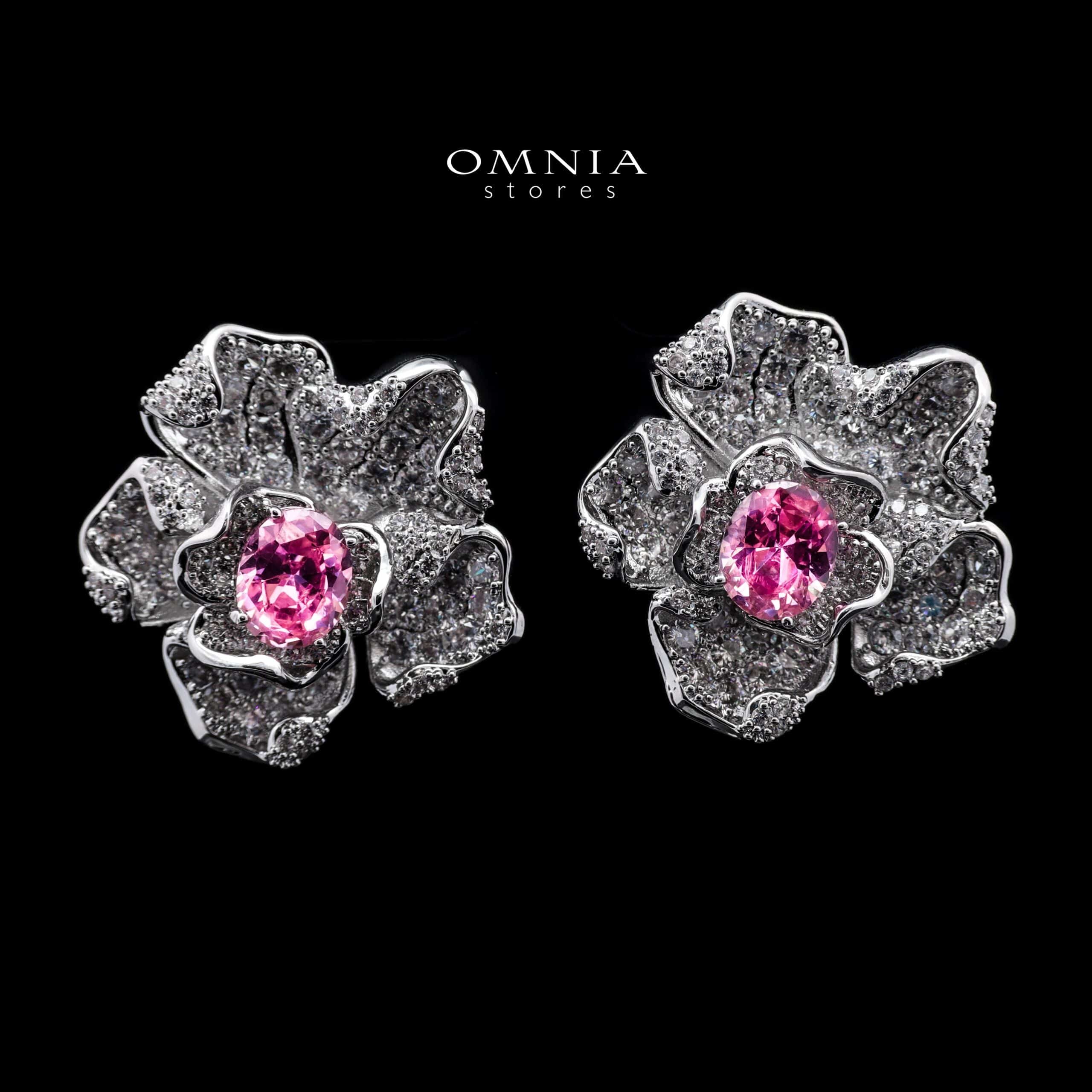 Omnia Silver Floral Stud Earrings with Oval-Cut Pink Center Stone & Pave-Set Simulated Diamonds in 92.5 Silver - OMNIASTORES UAE