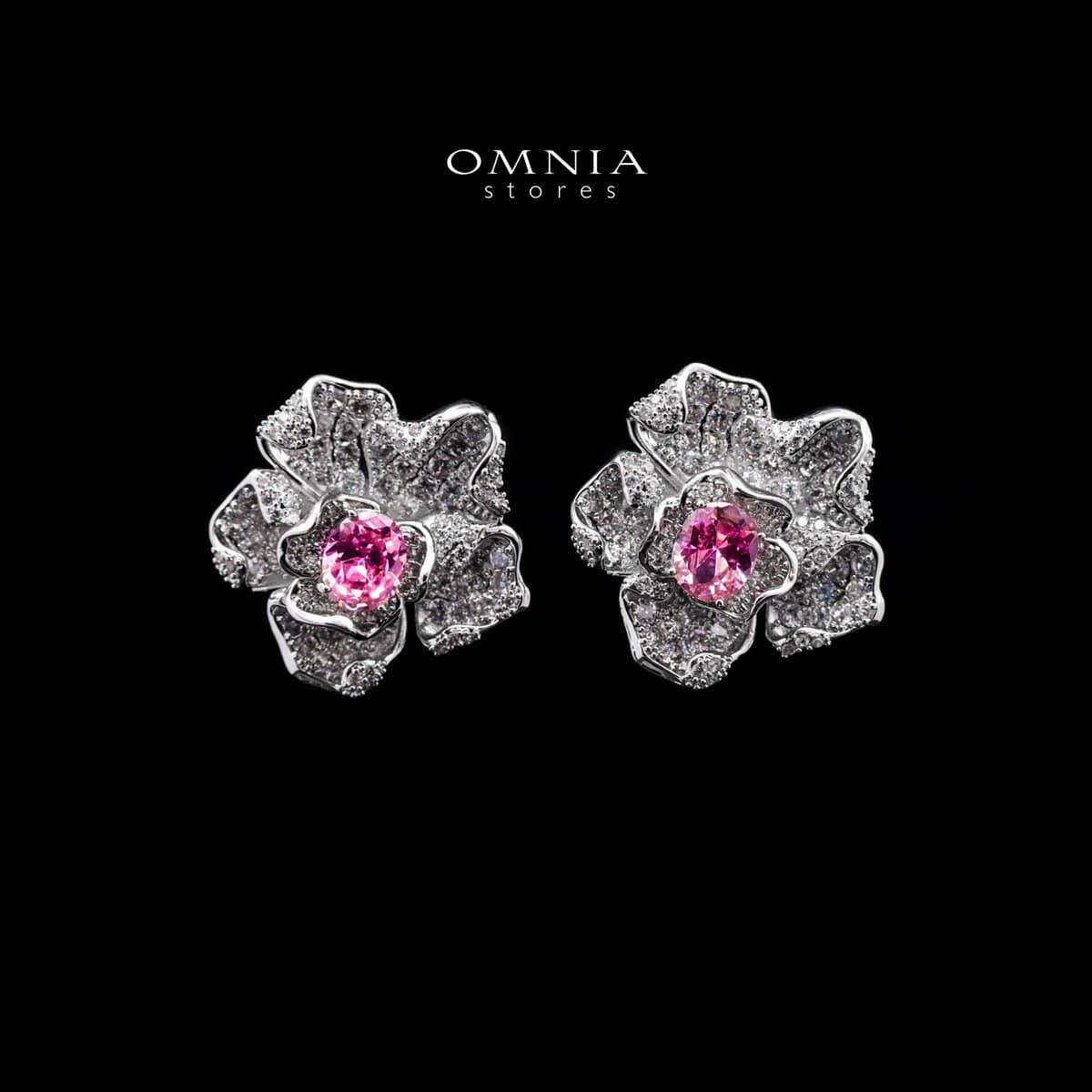 Omnia Silver Floral Stud Earrings with Oval-Cut Pink Center Stone & Pave-Set Simulated Diamonds in 92.5 Silver - OMNIASTORES UAE