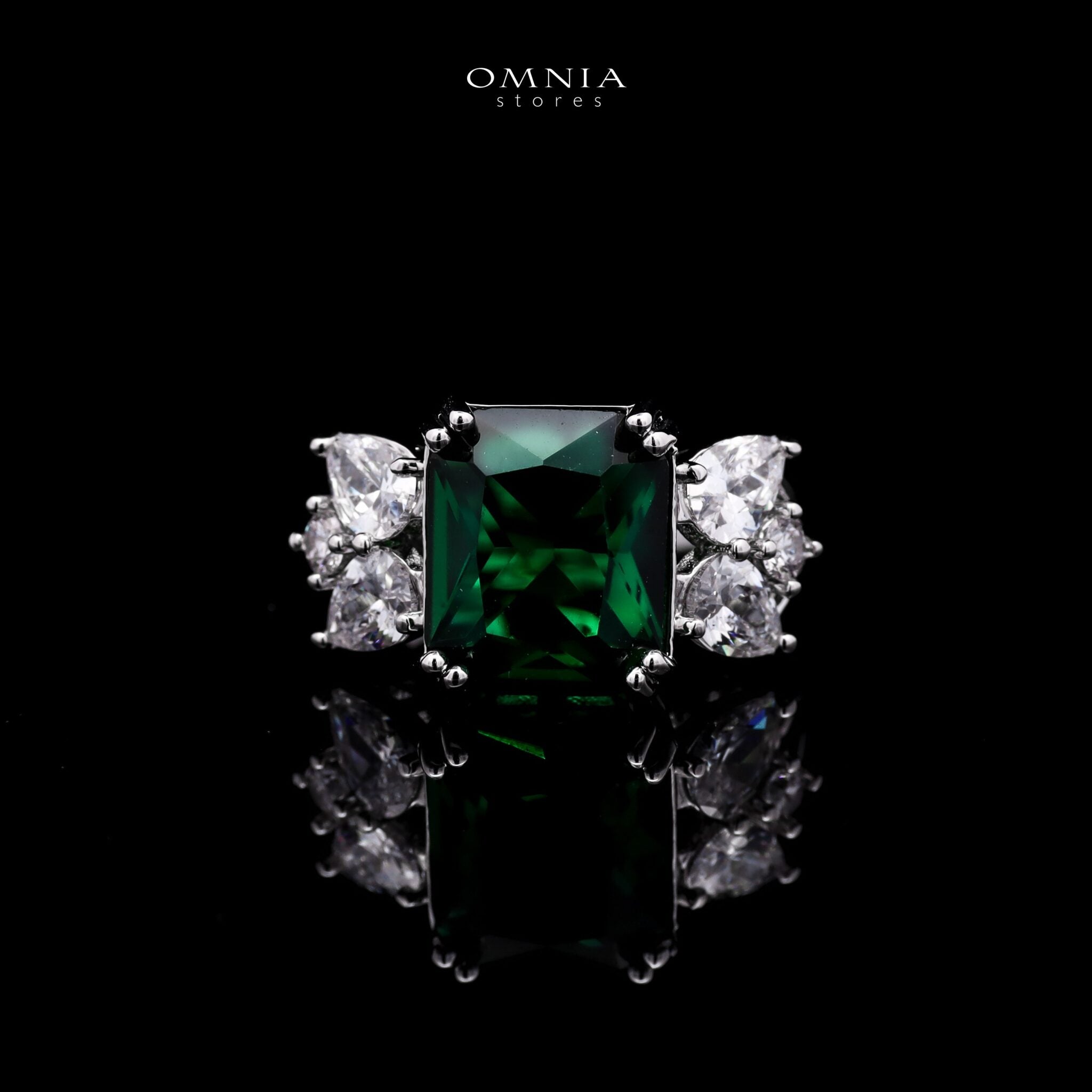 Omnia Amelia Green Bridal Full Set with Emerald and Pear-Cut High-Quality Simulated Diamonds in High-Quality Rhodium Plating - OMNIASTORES KSA