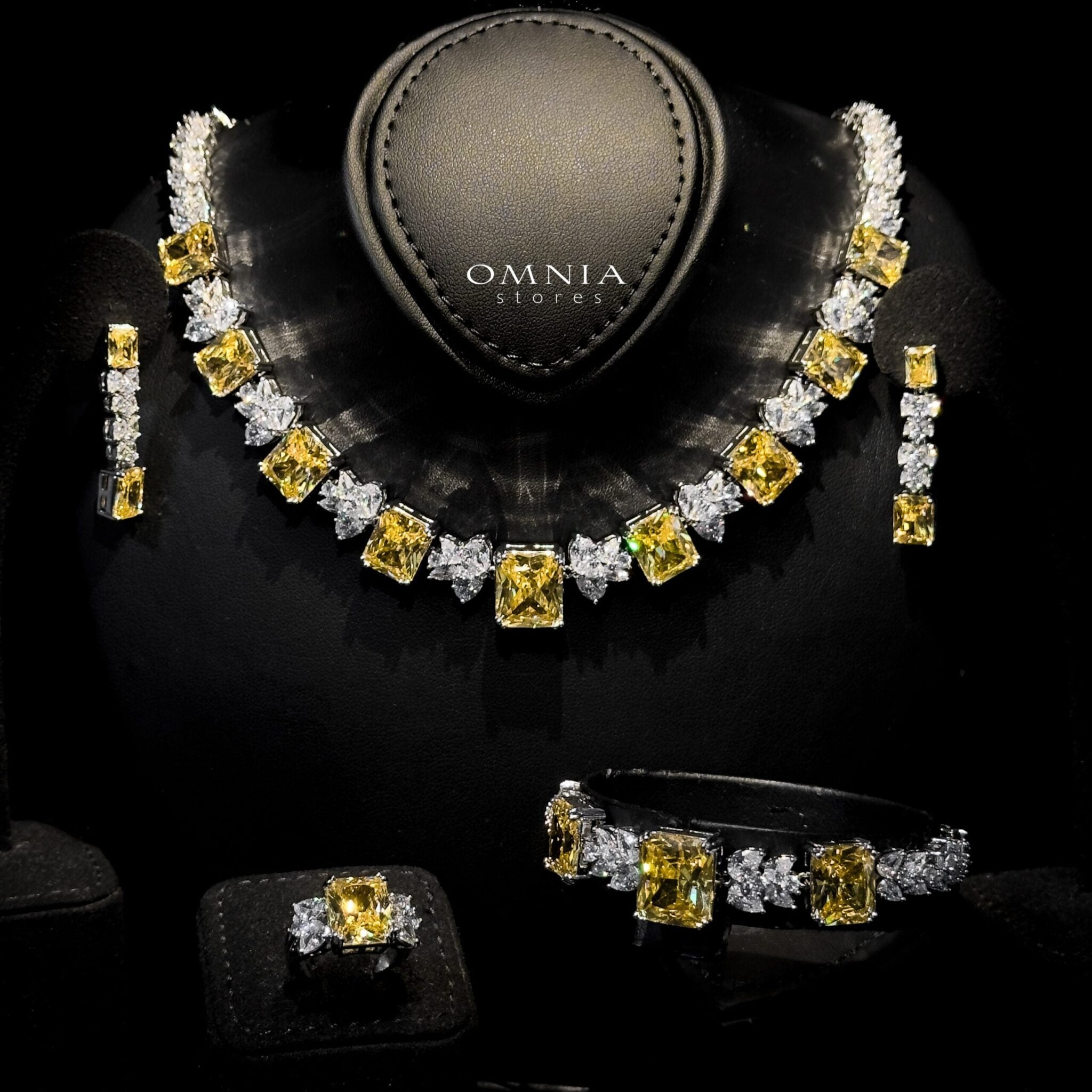 Omnia Amelia Yellow Bridal Full Set with Radiant and Pear-Cut High-Quality Simulated Diamonds in High-Quality Rhodium Plating - OMNIASTORES KSA