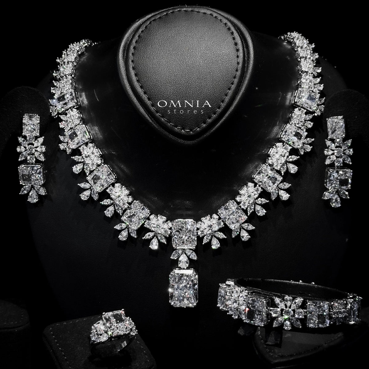Omnia Charlene White Luxury Bridal Full Set with Radiant and Pear-Cut High Quality Simulated Diamonds Premium Rhodium Plated