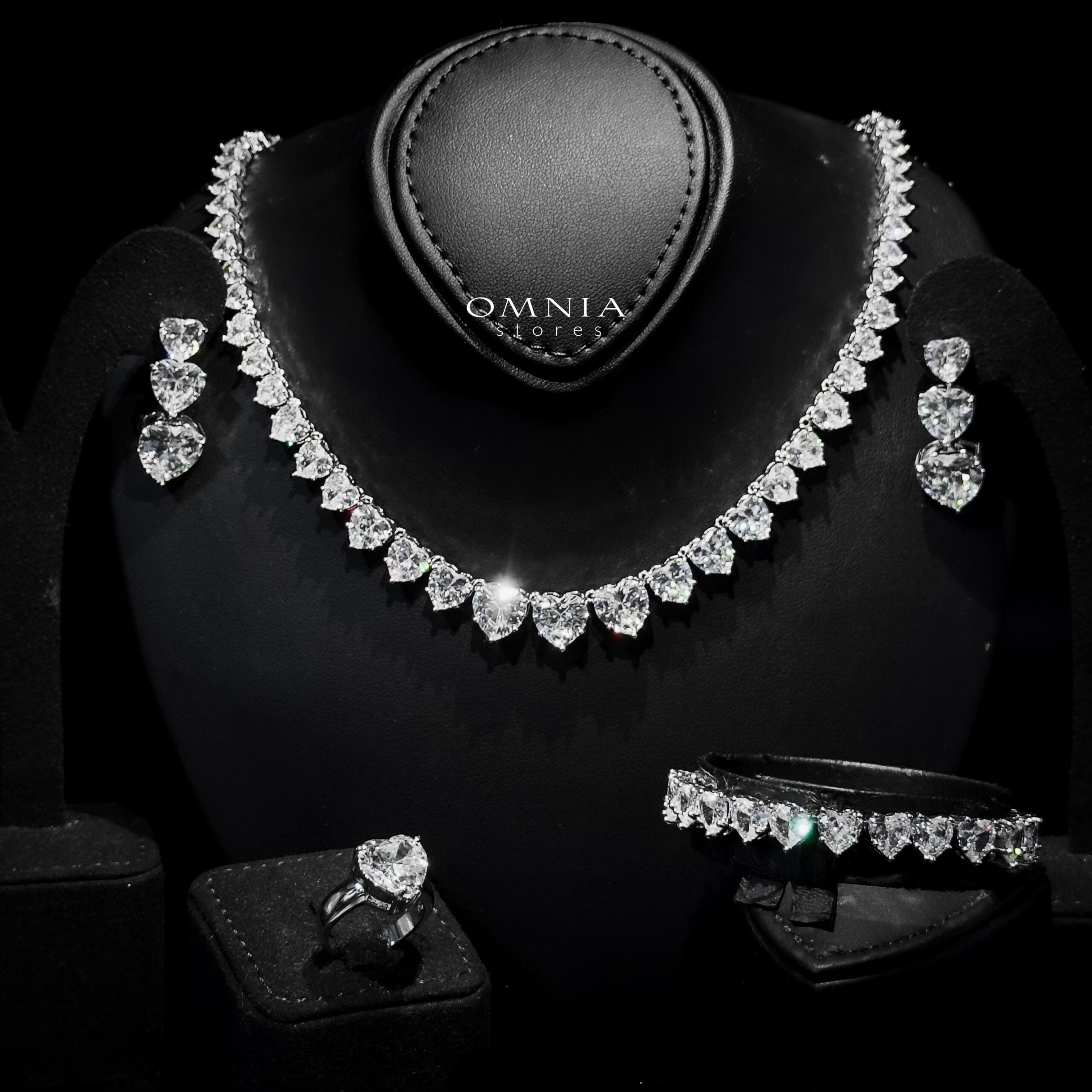 Omnia Donatella White Bridal Full Set with Heart-Cut High-Quality Simulated Diamonds Rhodium Plated - OMNIASTORES KSA