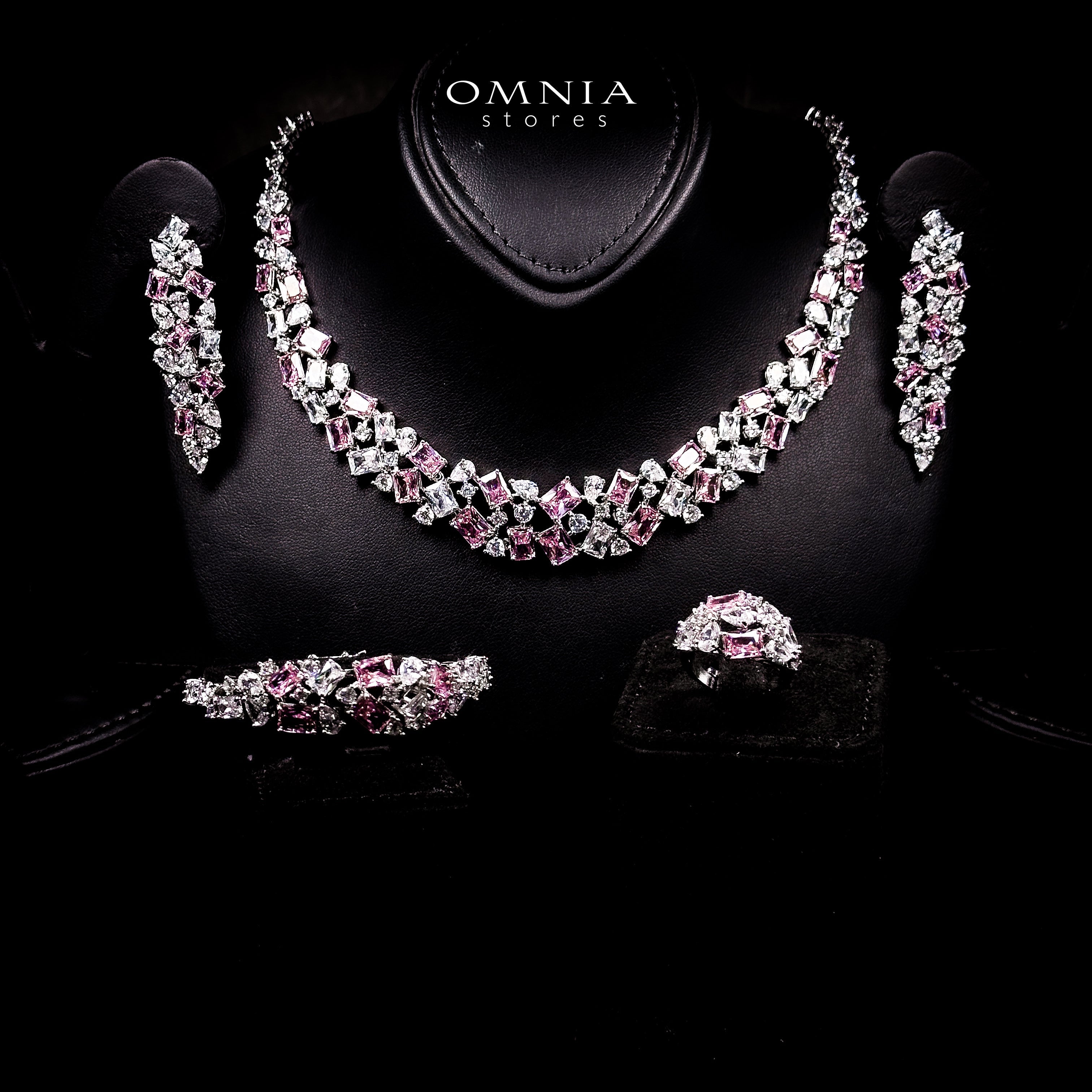 Omnia Anastasia Pink Luxury Bridal Full Set in High Quality Zircon Stone in Rhodium Plated - OMNIASTORES UAE