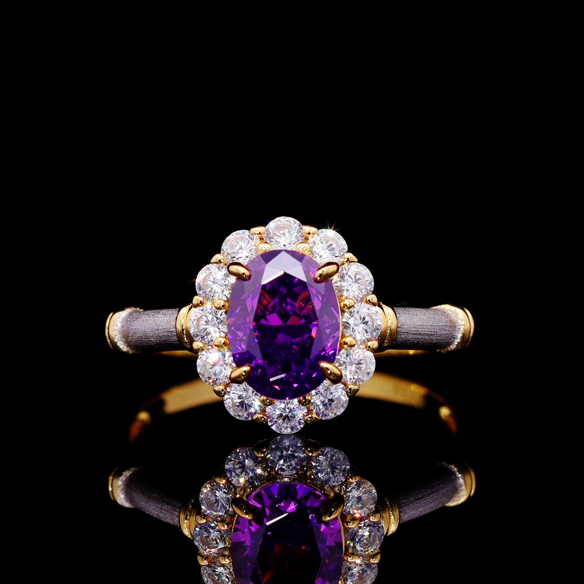 Omnia Amalya Flower Purple Gold Ring In 925 Silver High Quality Lab Crafted Stones