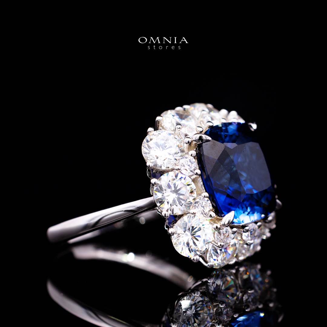 Omnia Hinza Blue Cushion Cut Ring With High Quality Certified Lab Crafted Stones In 925 Silver - OMNIASTORES KSA