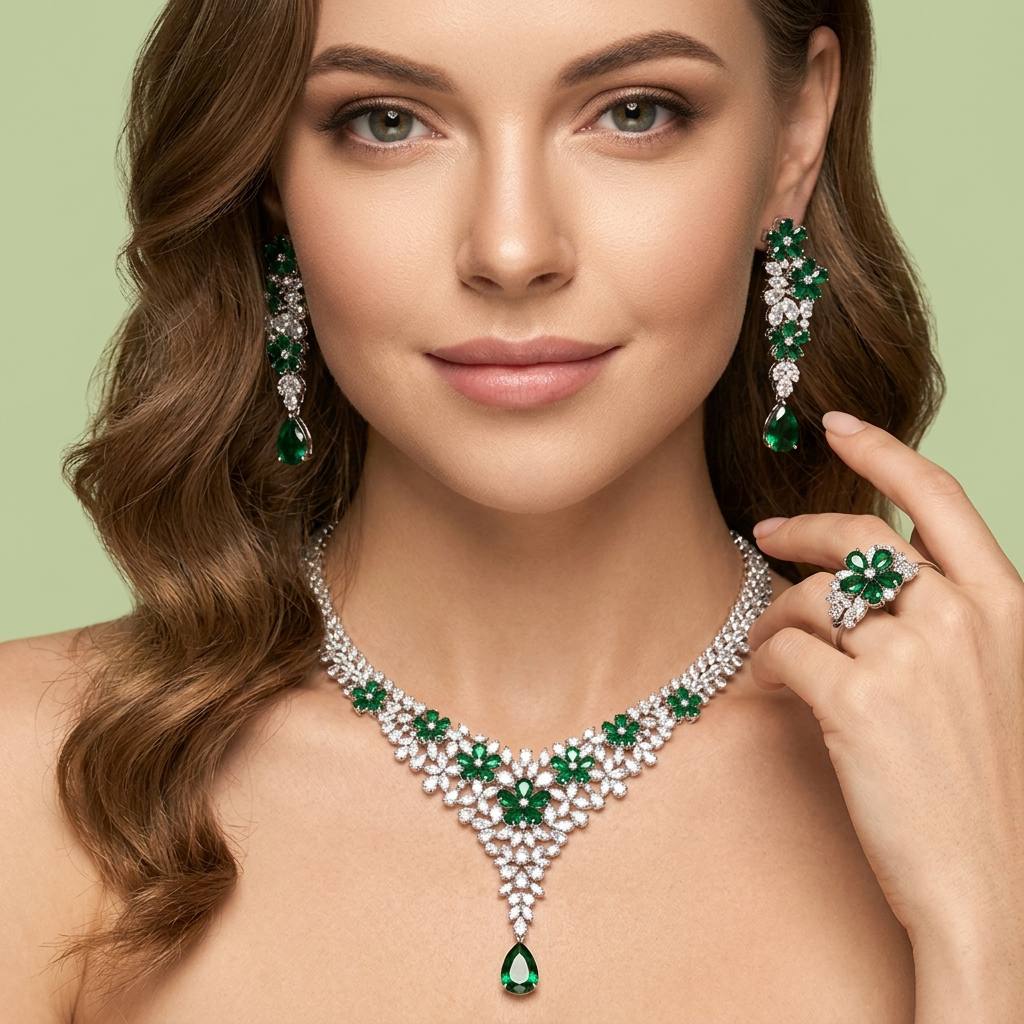 Omnia Karla Green Luxury Bridal Full Set in High Quality Rhodium Plated Zircon Stones - OMNIASTORES KSA