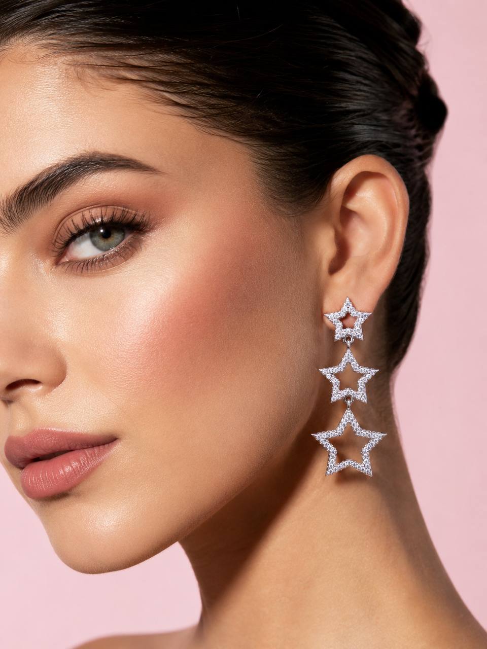 Kelahni Triple Star Drop Earrings — 925 Sterling Silver with Premium Simulated Diamonds - OMNIASTORES KSA