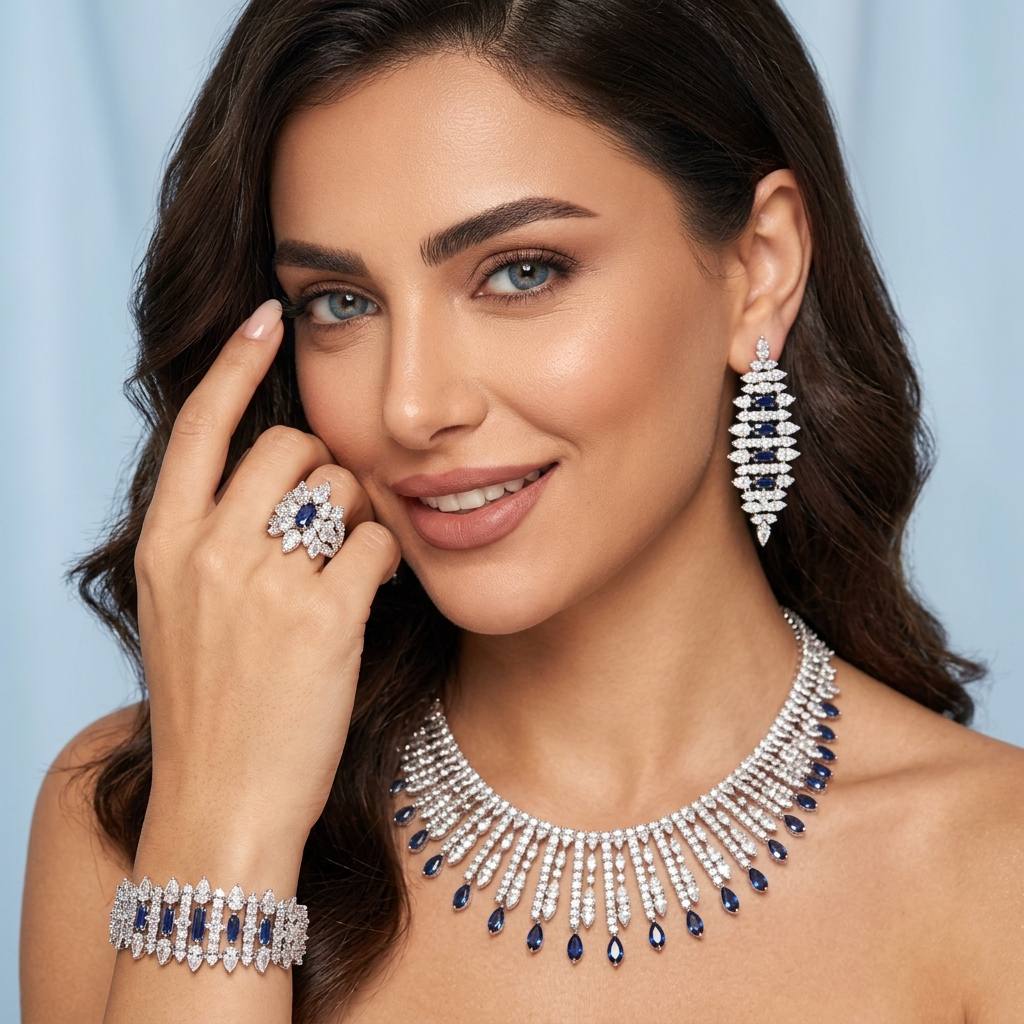 طقم زفاف أمنية لانا بلو كامل مرصع بأحجار الزركون عالية الجودة ومطلي بالروديوم