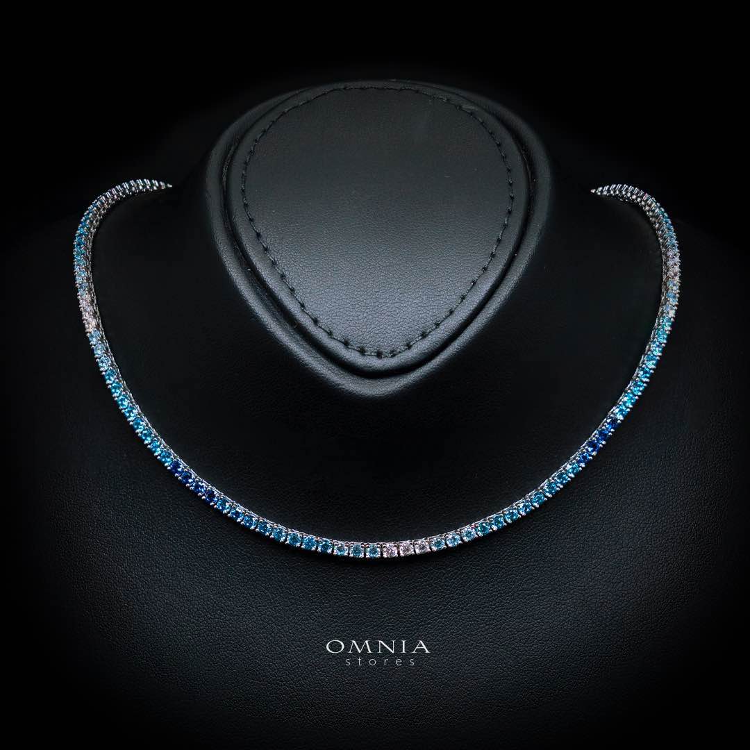 Omnia Saleen Blue Tennis Necklace 3mm 42cm in 92.5 Silver with High Quality Simulated Diamonds - OMNIASTORES KSA