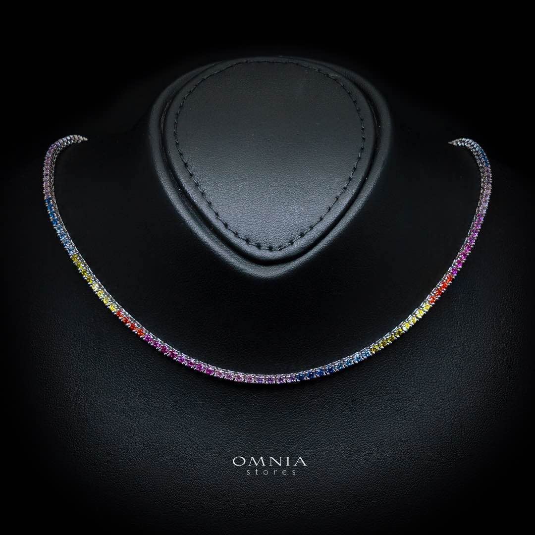 Omnia Saleen Multi-Colored Tennis Necklace 2.5mm in 92.5 Silver with High-Quality Simulated Diamonds - OMNIASTORES KSA