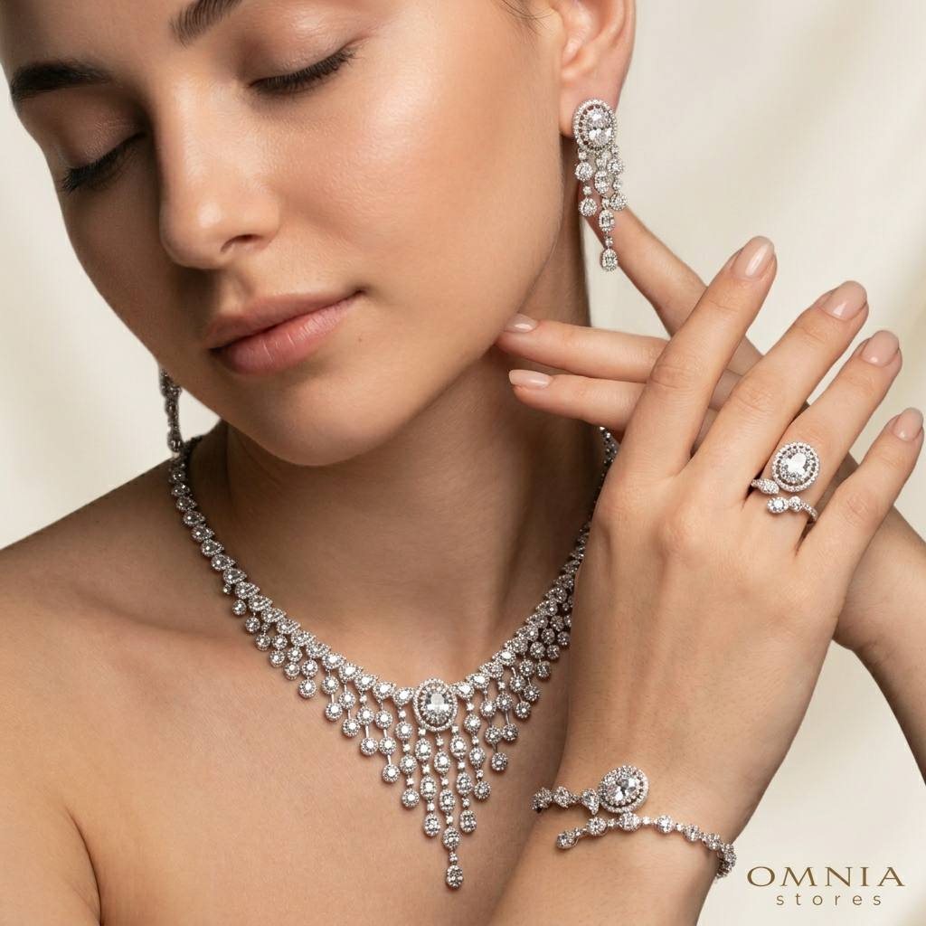 Omnia Manar White Bridal Full Set in 925 Silver High Quality Simulated Diamonds - OMNIASTORES KSA