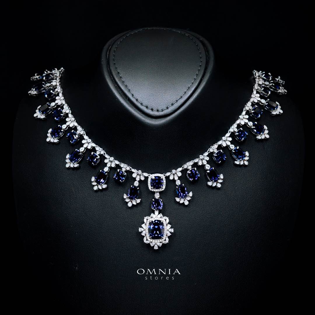 Omnia Alyah White and Blue Necklace With High Quality GRC Certified Sapphire Lab Grown Stones in 925 Silver