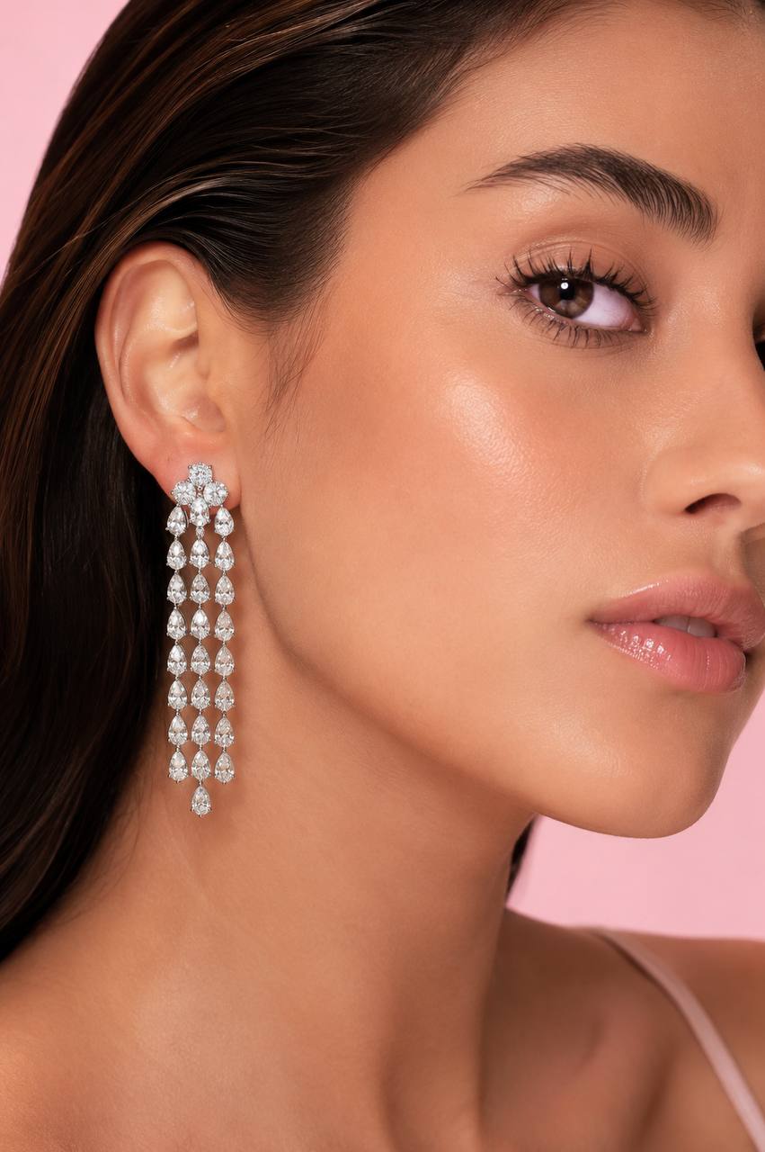 Omnia Nazeefa Silver Drop Earrings in 925 Silver with High Quality White Simulated Diamonds Stones - OMNIASTORES KSA