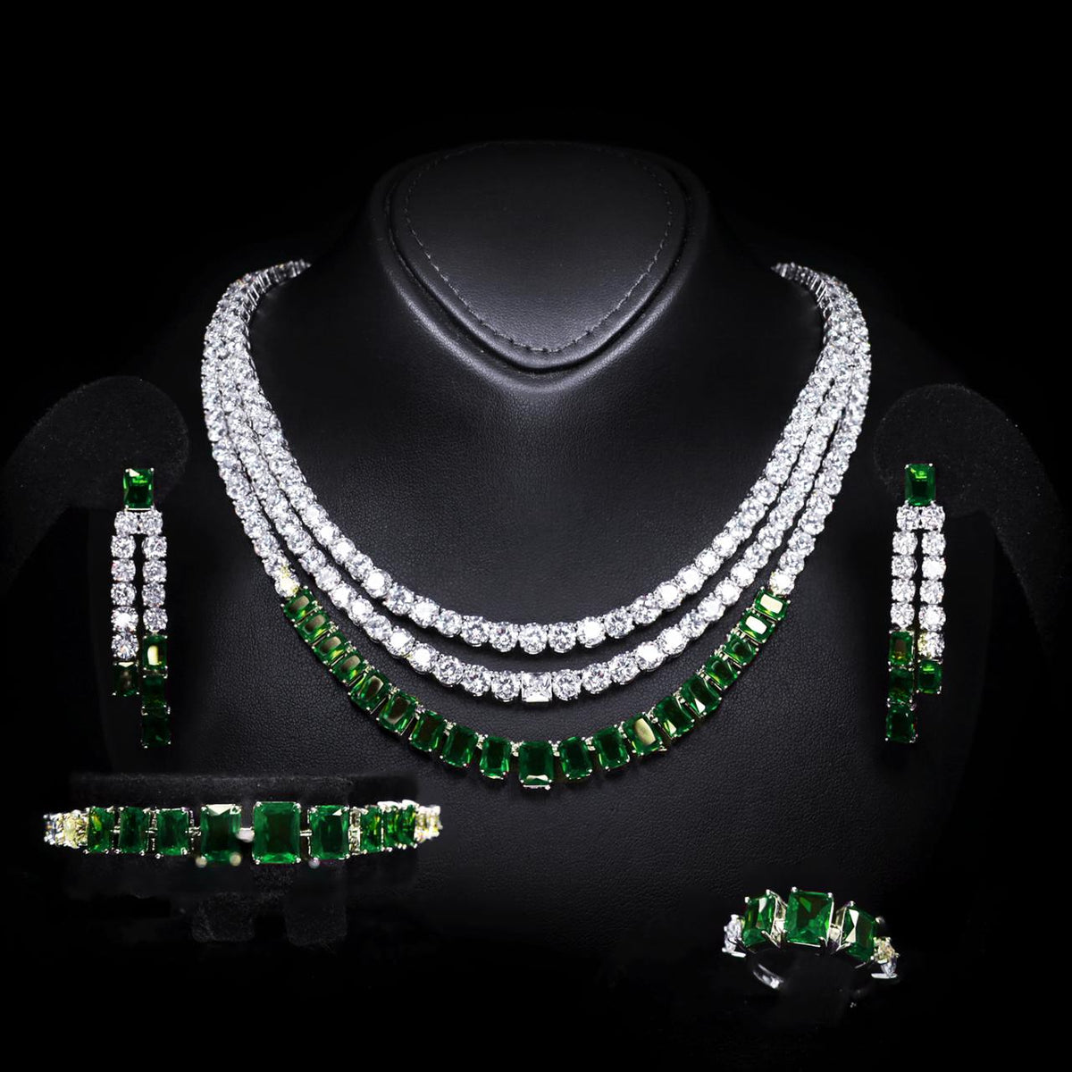 Nicole Green Luxury Bridal Full Set with High-Quality Zircon Stones Rhodium-Plated Finish