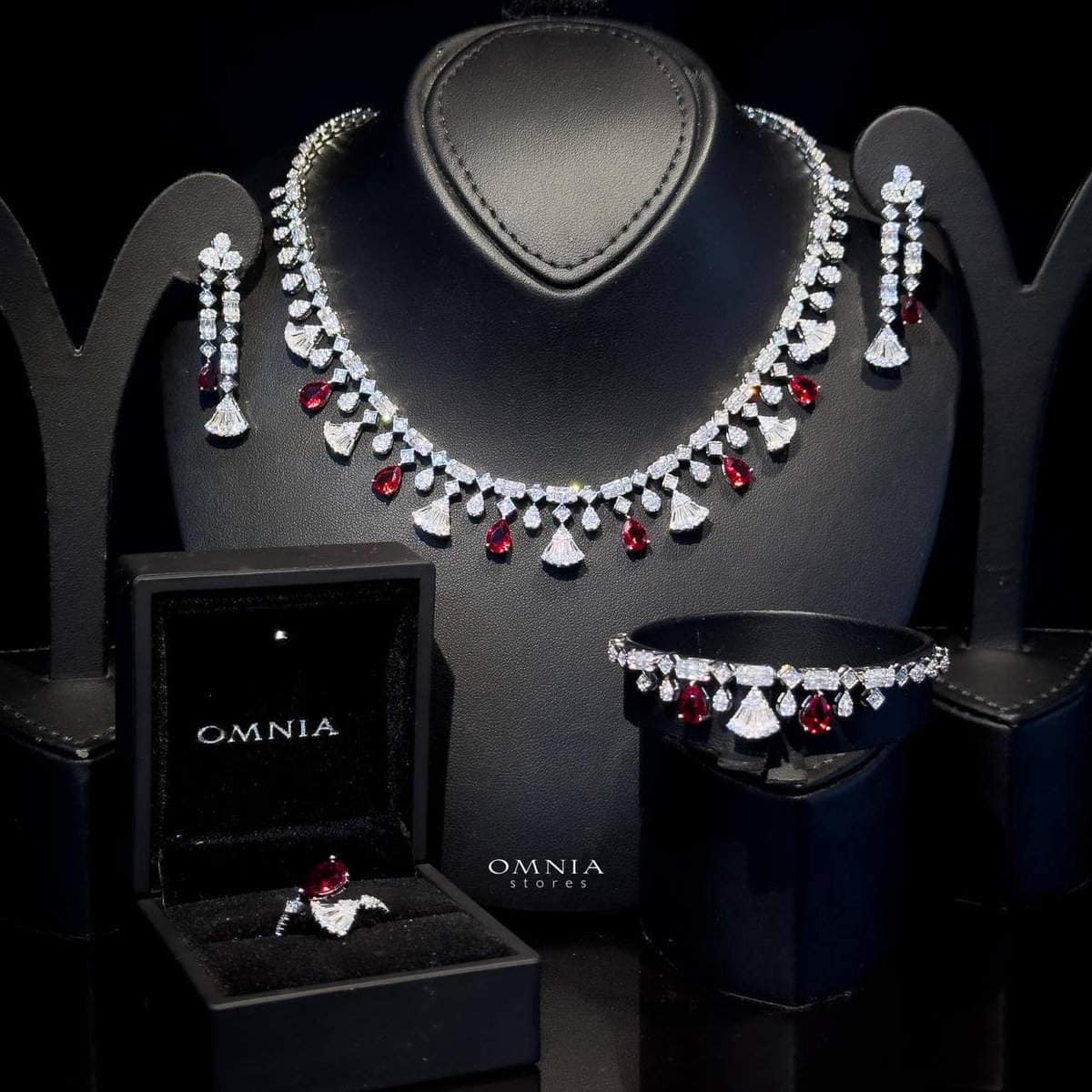 Omnia Marwa Maroon Bridal Full Set in High Quality Zircon Stone Rhodium Plated - OMNIASTORES UAE