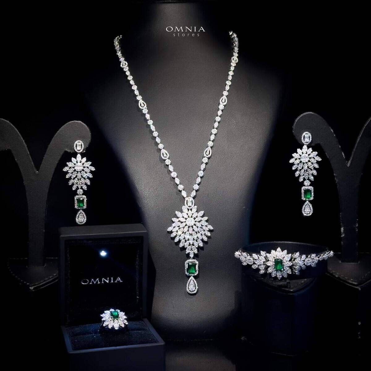 Omnia Duha Green Long chain Full Accessories in High Quality Zircon Stone Rhodium Plated - OMNIASTORES UAE