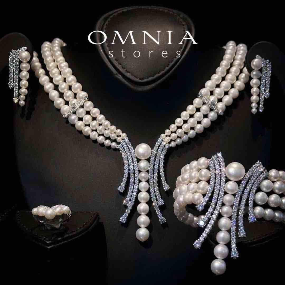 Omnia Shanina Bridal Full Set Designed with Freshwater Real Pearls and High-Quality Simulated Diamonds in a Rhodium Plated Finish