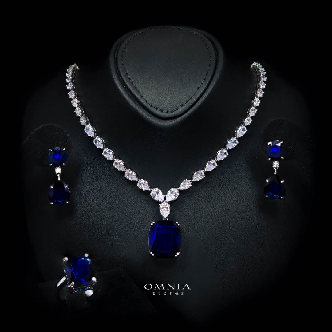 Omnia Audrey Blue Luxury Bridal Full Set in High Quality Simulated Diamonds Premium Rhodium Plated with Cushion Cut Stones