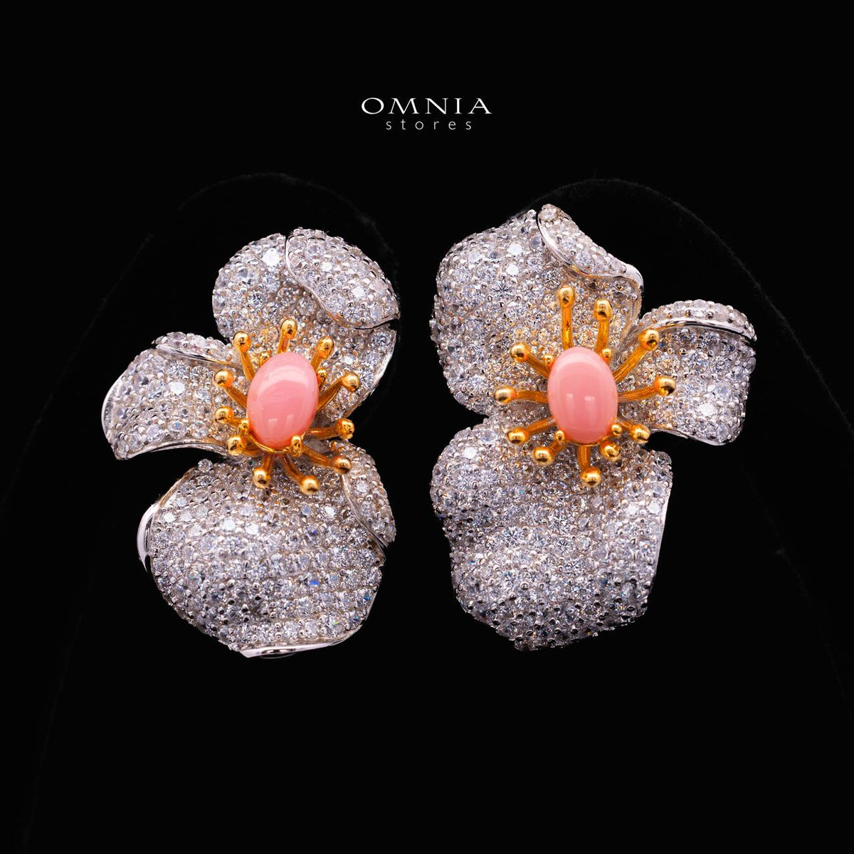 Omnia Shidha Pink Coral Flower Silver Drop Earrings in 925 Silver High Quality White Simulated Diamond Stones