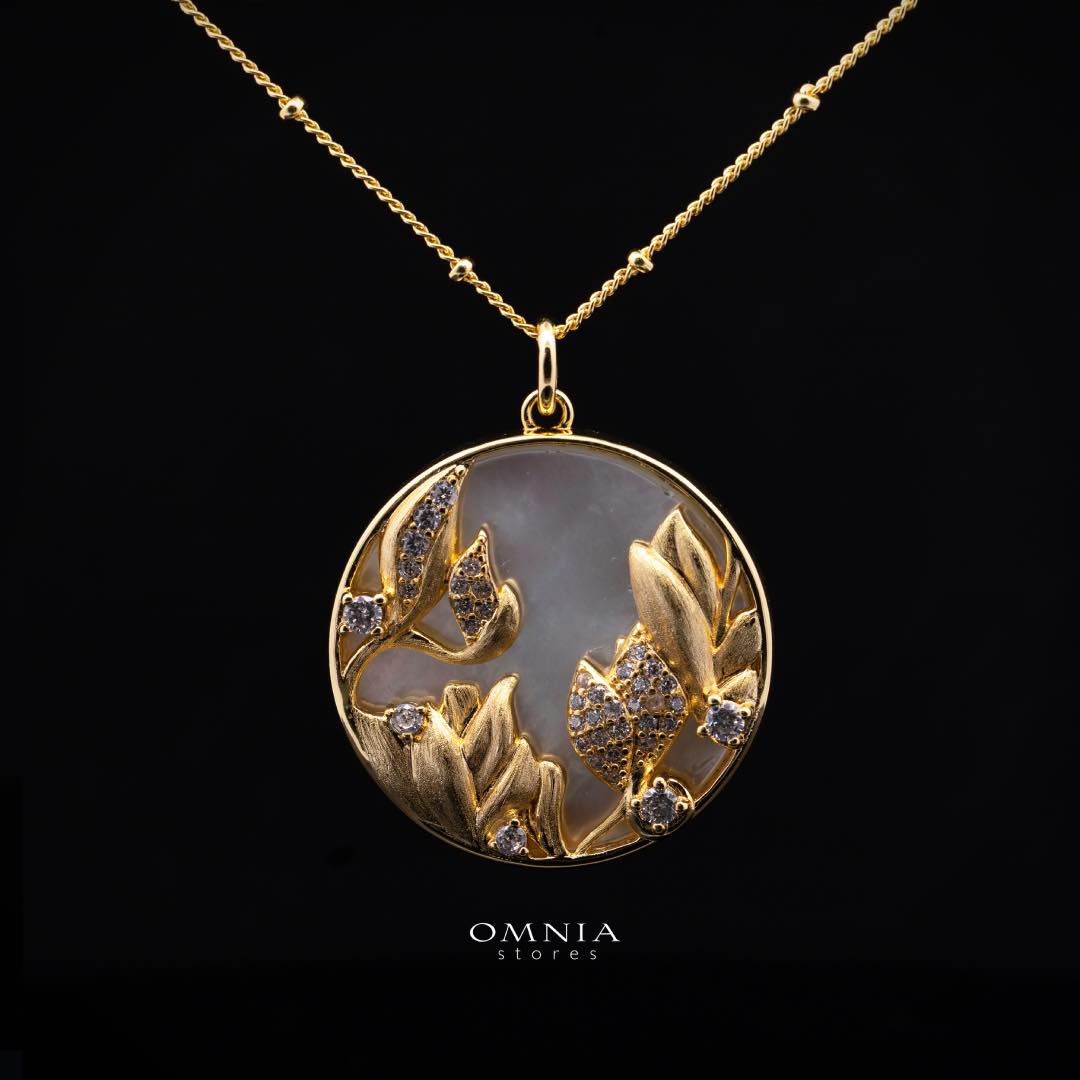 Omnia Aurelia White Shell Mother of Pearl Round Pendant Necklace with Floral Zircon Accents in Brass with Gold Plated Finish - OMNIASTORES KSA