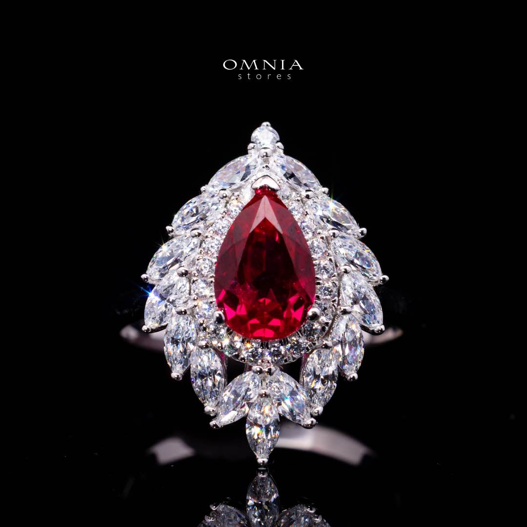 Carolina Lab-Grown Red Ruby Pear-Cut Ring (6x9mm) with GRC Certificate in 925 Sterling Silver