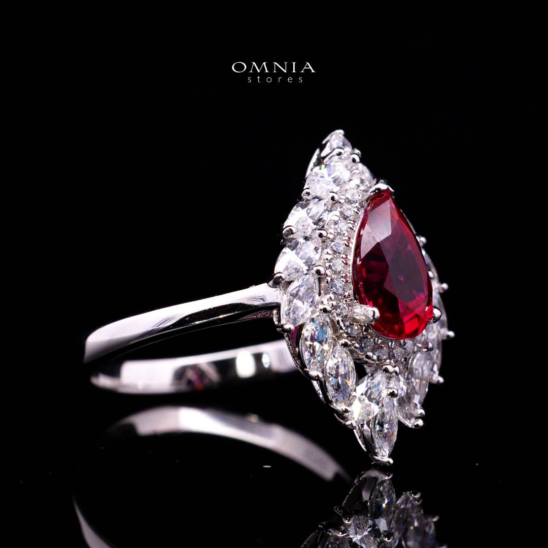 Carolina Lab-Grown Red Ruby Pear-Cut Ring (6x9mm) with GRC Certificate in 925 Sterling Silver