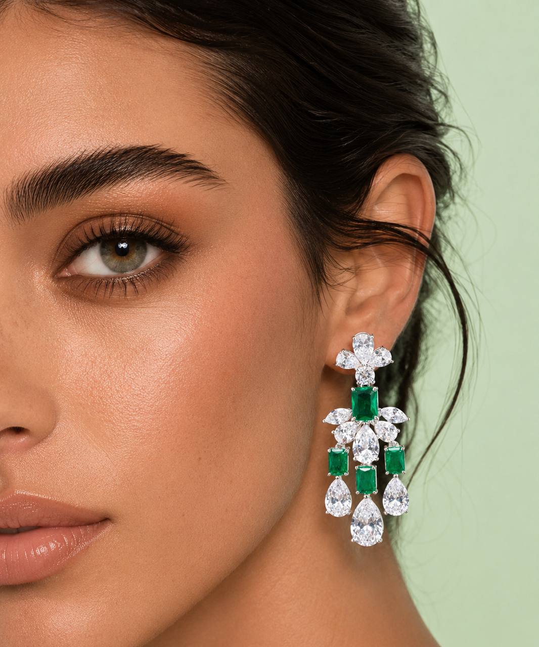 Omnia Ranim White and Green Floral Drop Earrings With High Quality Simulated Diamonds In 925 Silver - OMNIASTORES KSA