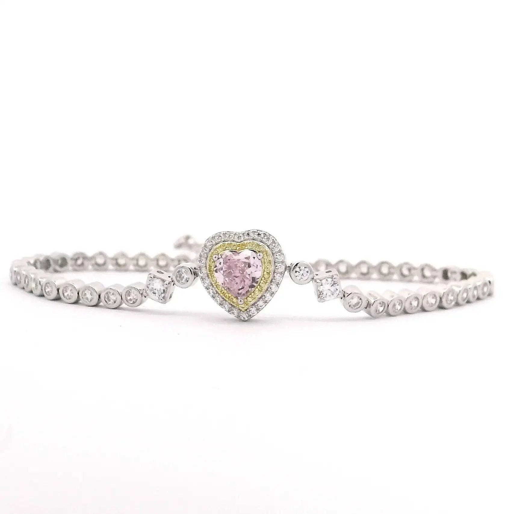 Omnia Almas Pink Heart Sparkle Tennis Bracelet in 92.5 Silver with High Quality Simulated Diamonds - OMNIASTORES UAE