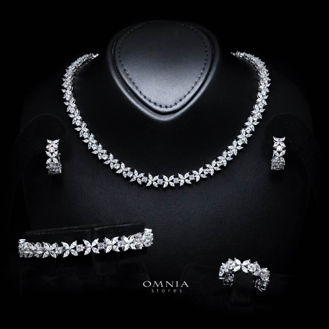 Omnia Lamara Floral-Inspired Tennis Set in 92.5 Silver with High Quality Iced Cut Stones - OMNIASTORES KSA