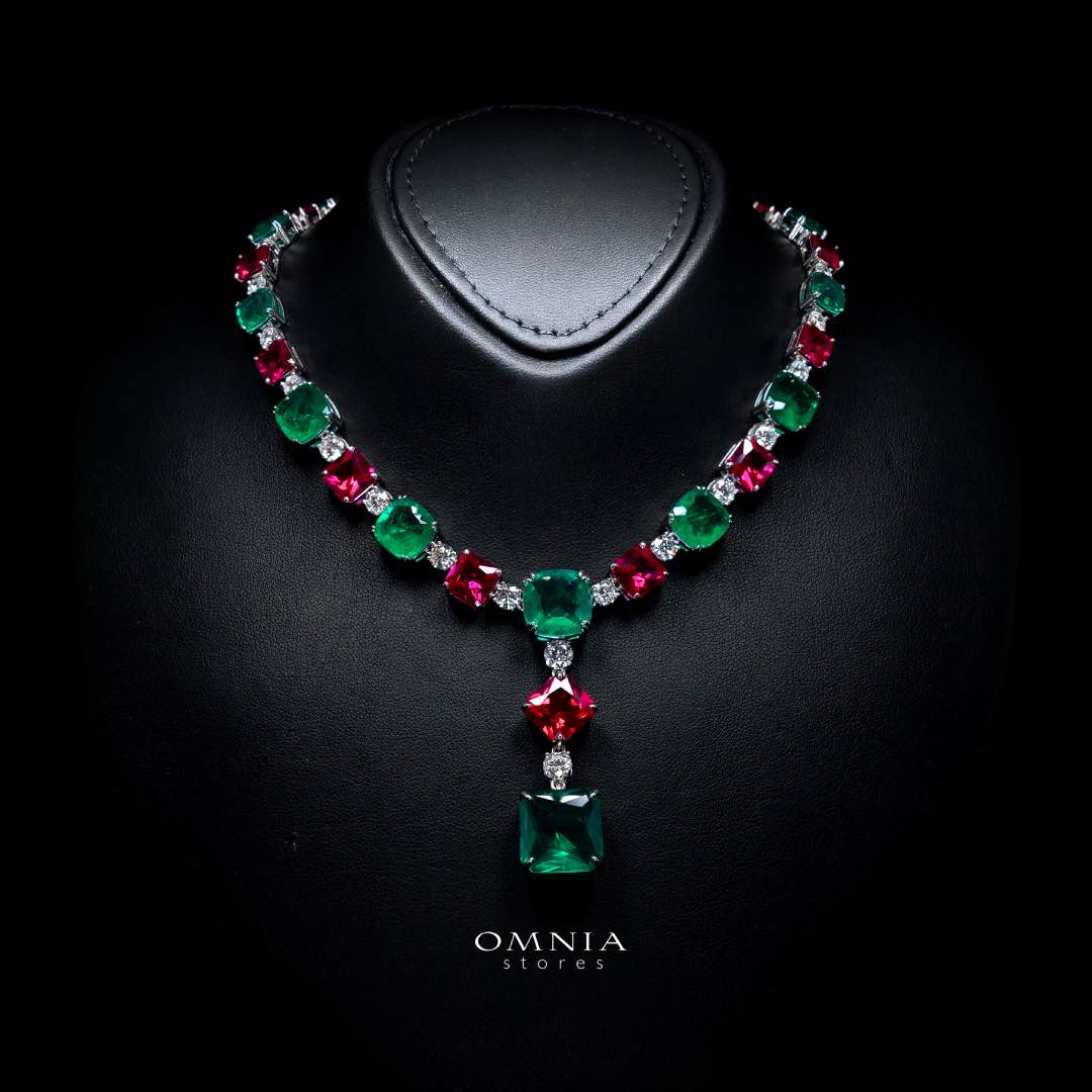 Omnia Salwa Red and Green Necklace With High Quality Simulated Diamonds In 925 Silver - OMNIASTORES KSA