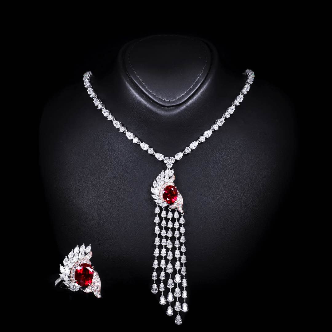 Omnia Bariza Maroon Necklace & Ring Set in 925 Silver with Oval and Marquise-Cut High-Quality Simulated Diamonds - OMNIASTORES KSA