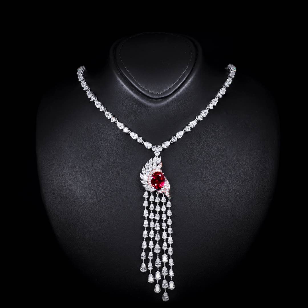 Omnia Bariza Maroon Necklace & Ring Set in 925 Silver with Oval and Marquise-Cut High-Quality Simulated Diamonds - OMNIASTORES UAE