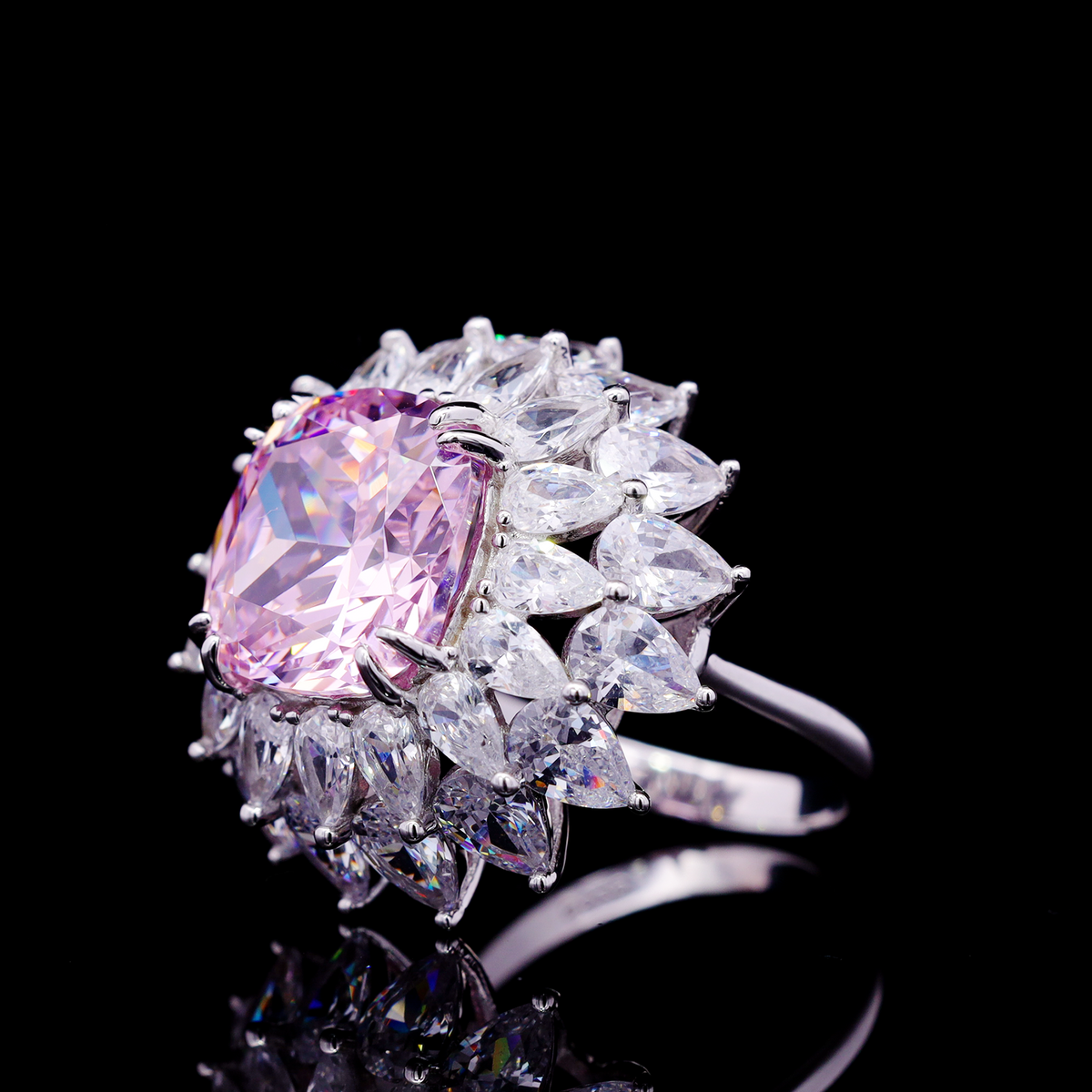 Omnia Thalia Pink Cushion Ring in 925 Silver with High-Quality Simulated Diamonds