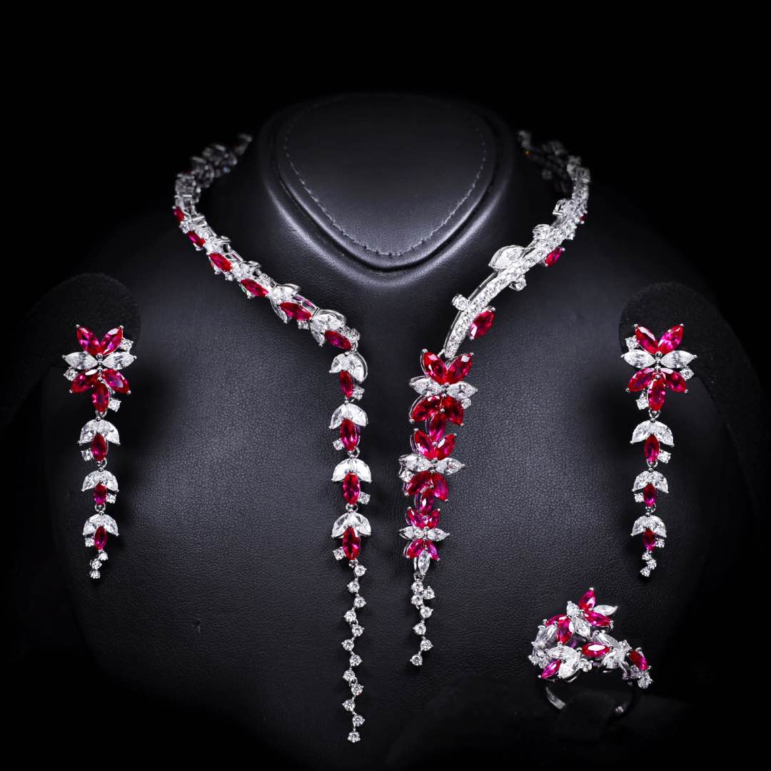 Omnia Abla Maroon Bridal Set in 925 Silver with Marquise and Pear-Cut High-Quality Simulated Diamonds