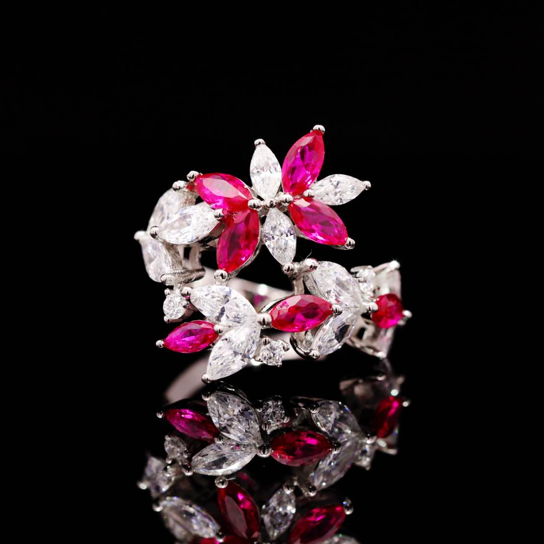 Omnia Abla Maroon Bridal Set in 925 Silver with Marquise and Pear-Cut High-Quality Simulated Diamonds - OMNIASTORES KSA