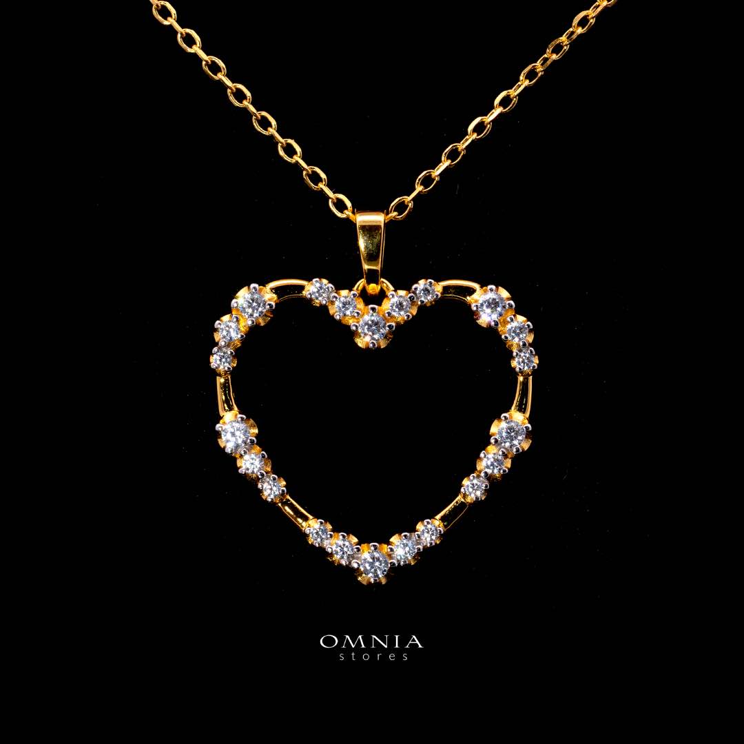 Omnia Bashair Golden Heart Necklace in 925 Silver with High-Quality White Simulated Diamonds - OMNIASTORES KSA