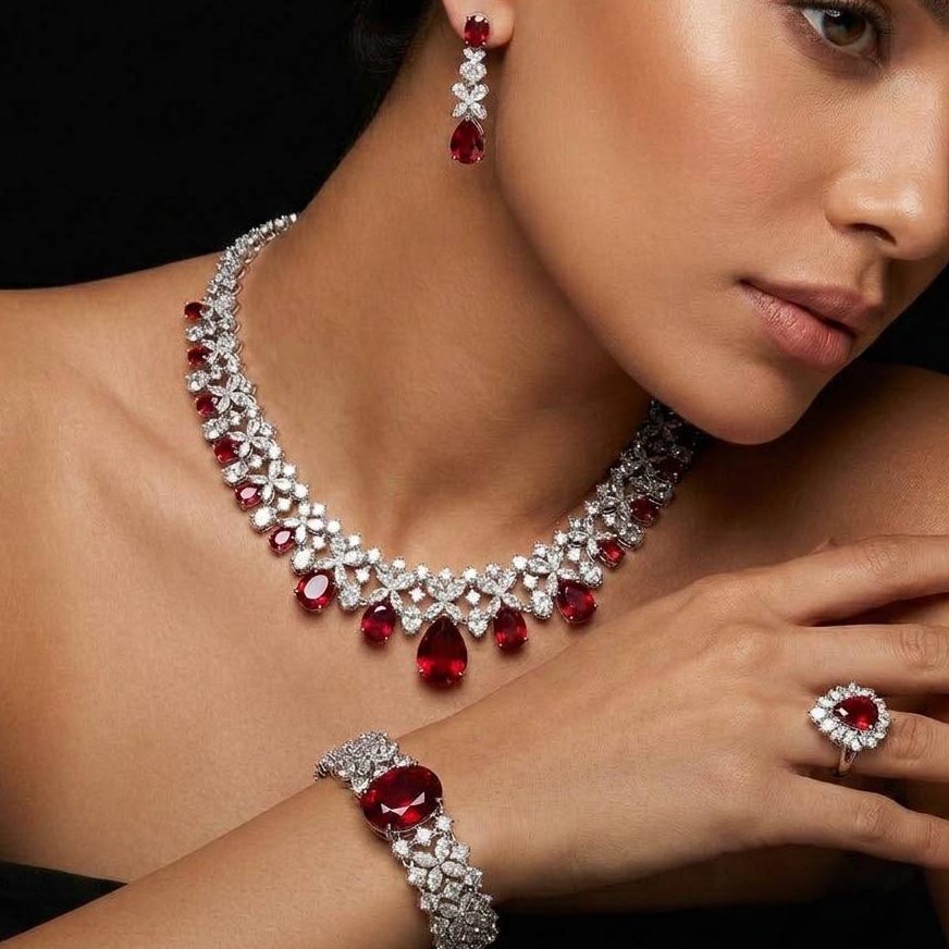 Omnia Suhana Red Bridal Full Set in High Quality Simulated Diamonds - OMNIASTORES KSA