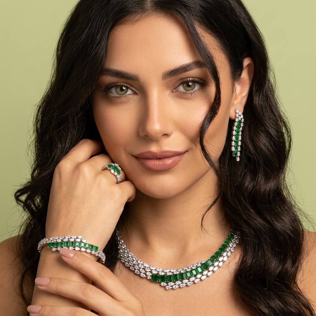 Omnia Trinity Green Luxury Bridal Full Set in High Quality Zircon Stone in Rhodium Plated - OMNIASTORES KSA