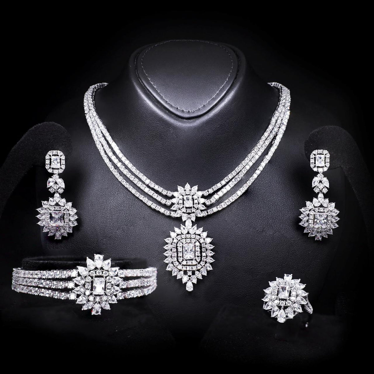 Carmela White Luxury Bridal Full Set with High-Quality Zircon Stones Rhodium Plated