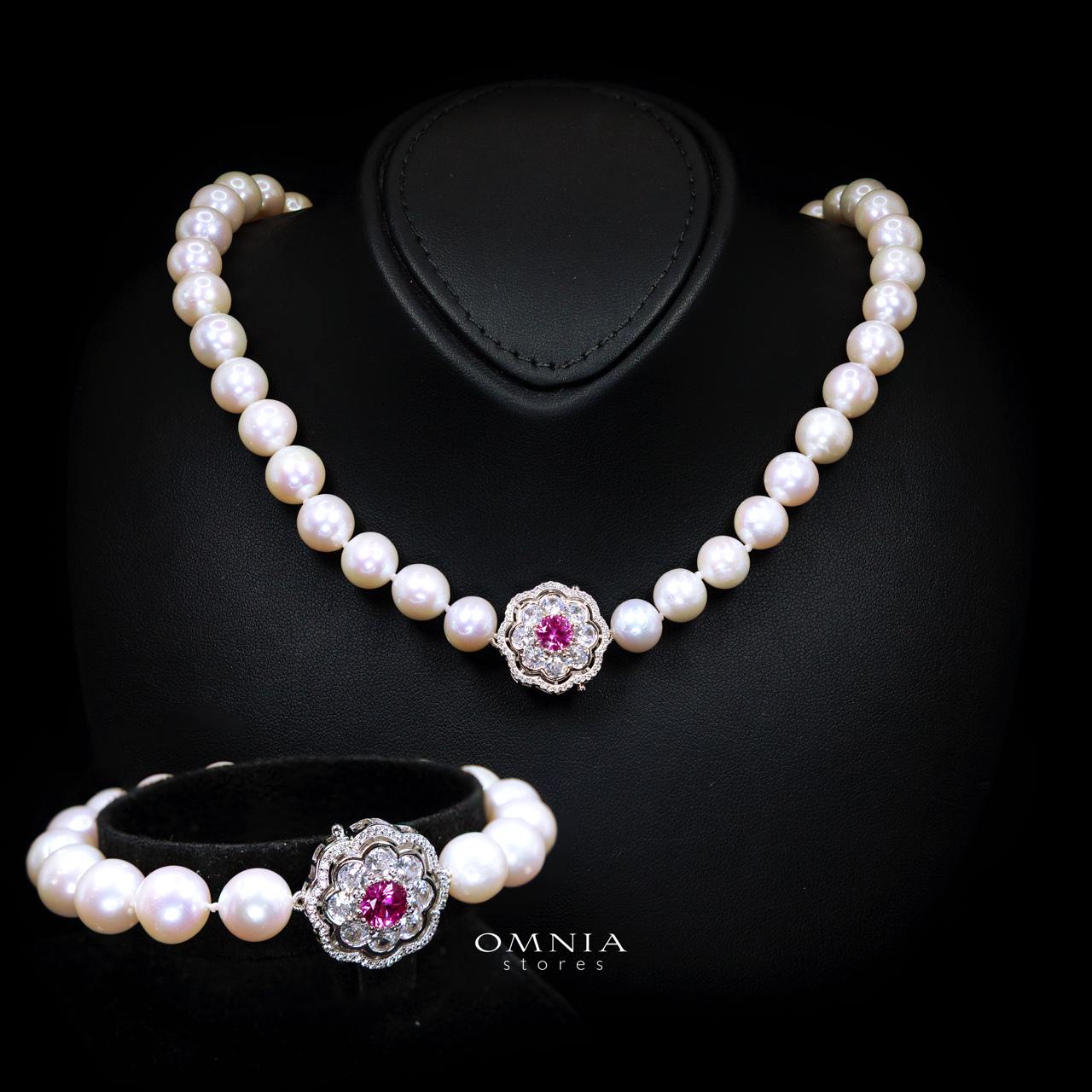 Omnia Ameenah Fresh Real Water Pearl Necklace and Bracelet Set in 925 Silver Accessories High Quality Simulated Diamonds - OMNIASTORES KSA