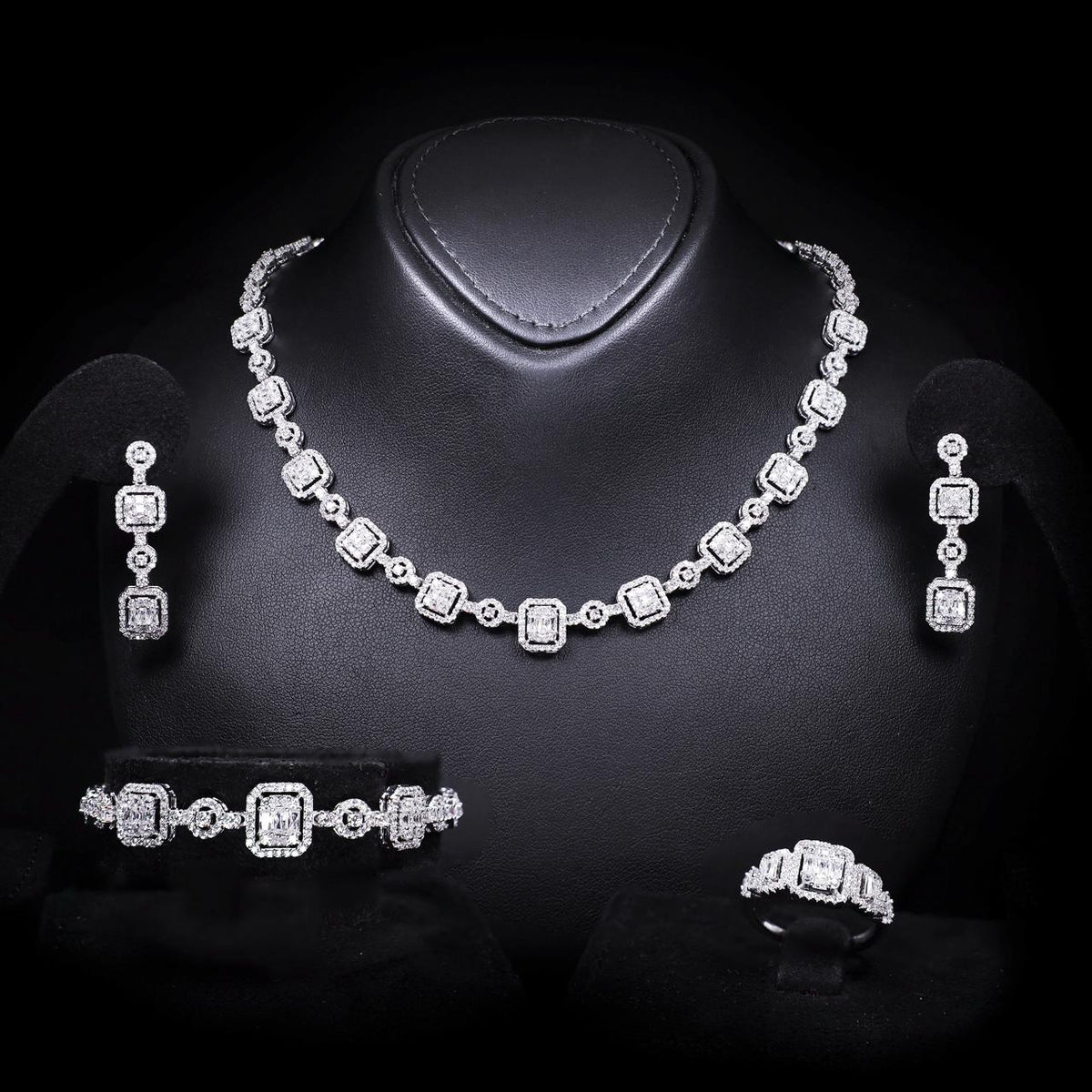 Reena White Luxury Bridal Full Set with High-Quality Zircon Stones Rhodium Plated