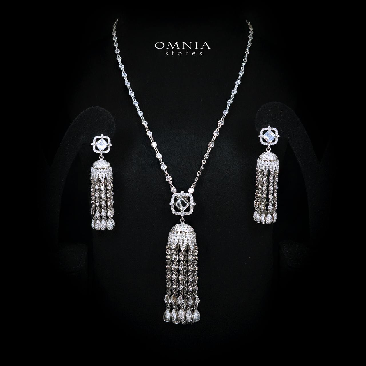 Emaniya White Long Chain Necklace and Earring Set with High-Quality Premium Simulated Diamonds in 925 Sterling Silver