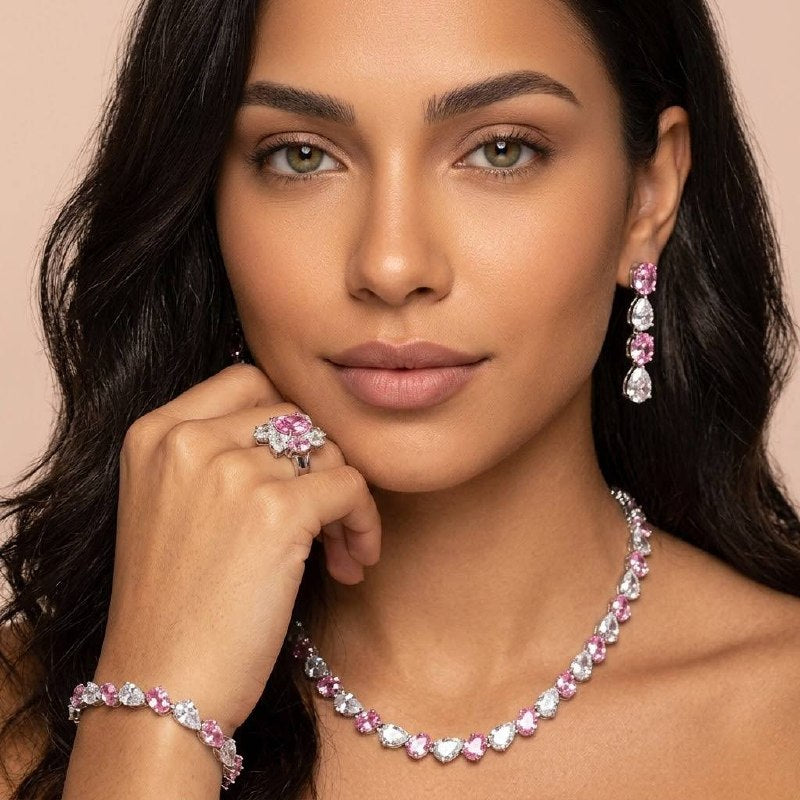 Omnia Lamia White And Pink Bridal Full Set with High Quality Simulated Diamonds Premium Rhodium Plated - OMNIASTORES KSA
