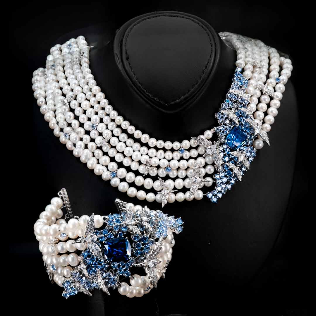 Omnia Blue Butterfly Pearl Necklace and Bracelet Set in 92.5 Silver with High Quality Simulated Diamonds - OMNIASTORES UAE