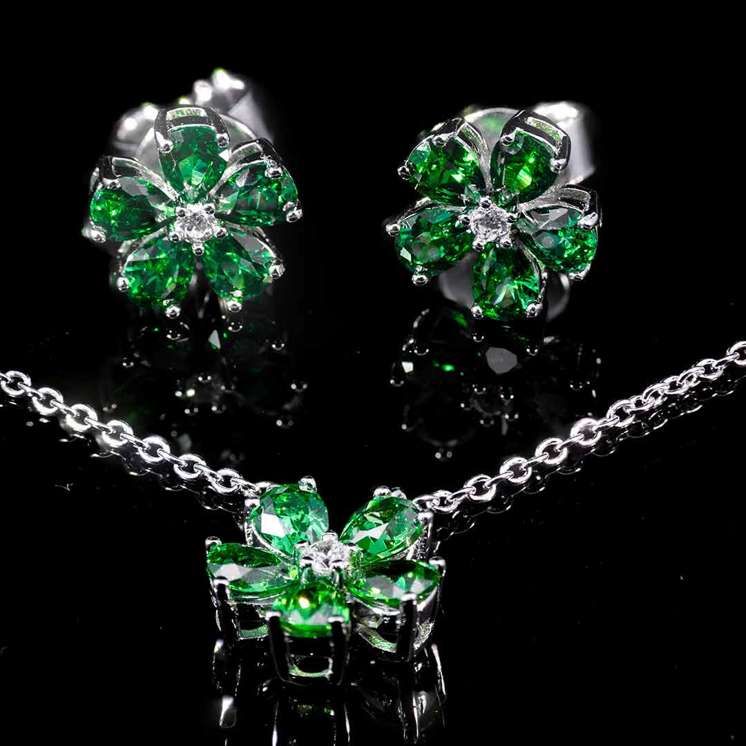 Omnia Emerald Bloom Necklace and Earrings Set In 925 Silver with High Quality Simulated Diamonds - OMNIASTORES UAE