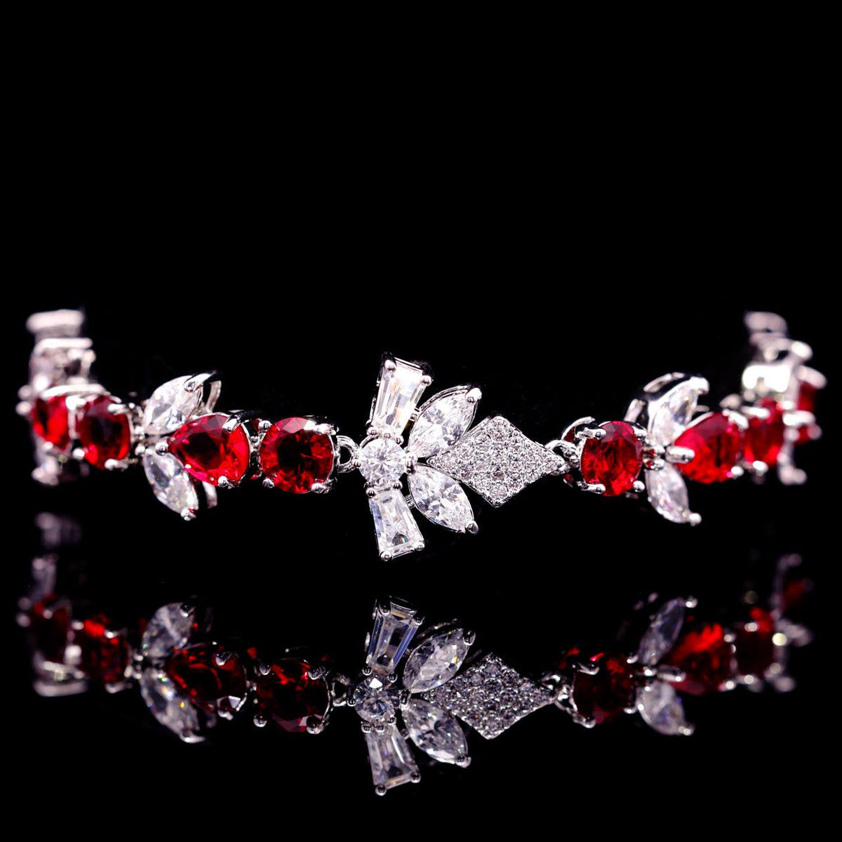 Vionna Red Luxury Bridal Bracelet with High-Quality Zircon Stones Rhodium-Plated Finish
