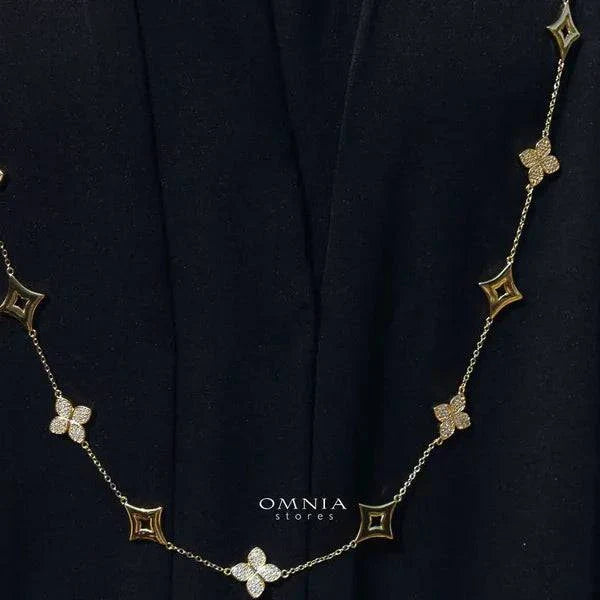 Omnia Golden Clove Long Chain in 100cm with High-Quality Simulated Diamonds Gold Plated - OMNIASTORES UAE