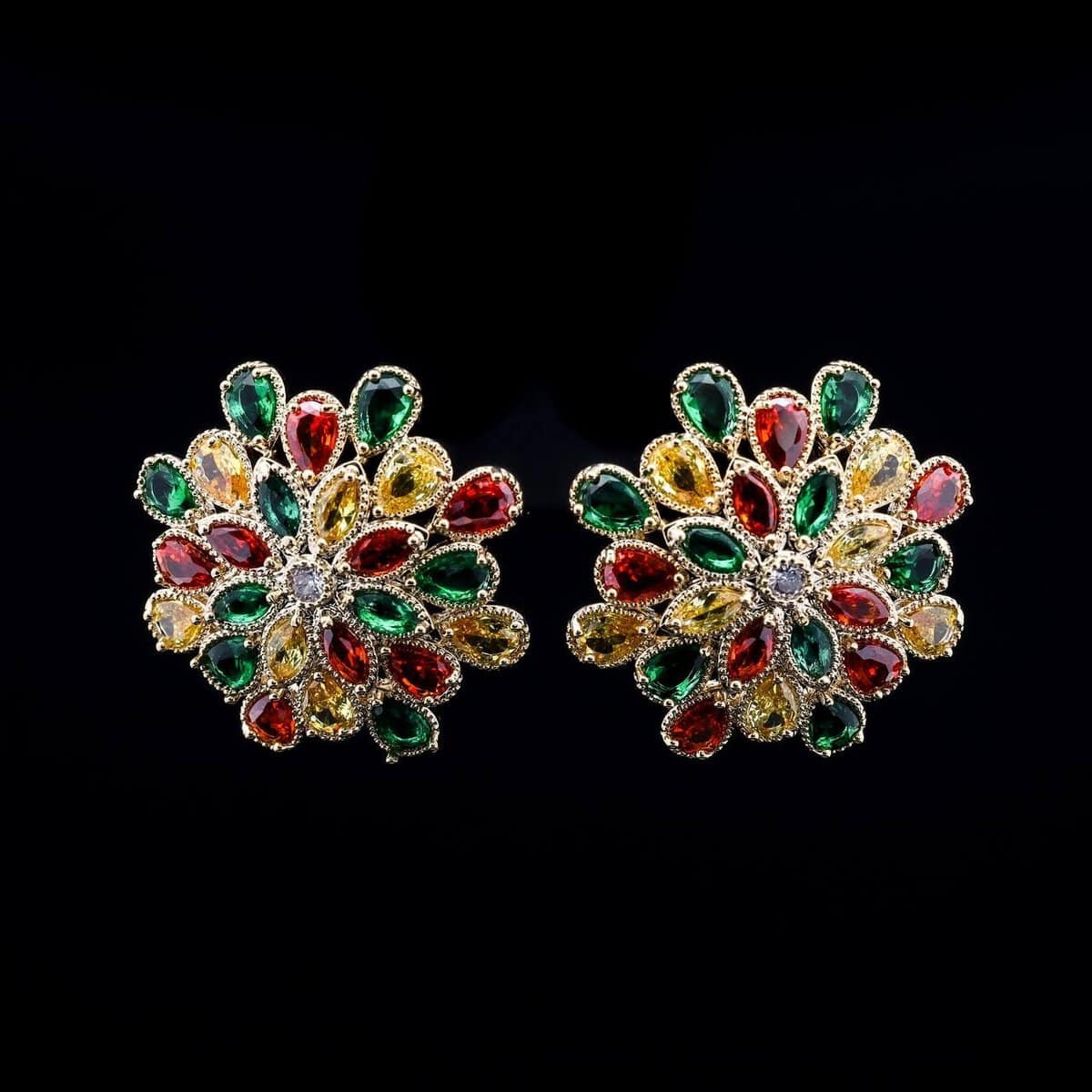 Omnia Elsa Multicolored Floral Earrings with Teardrop-Cut Zircon Stones in Green, Red, and Yellow, Set in a Gold-Tone Rhodium Plated Finish - OMNIASTORES UAE