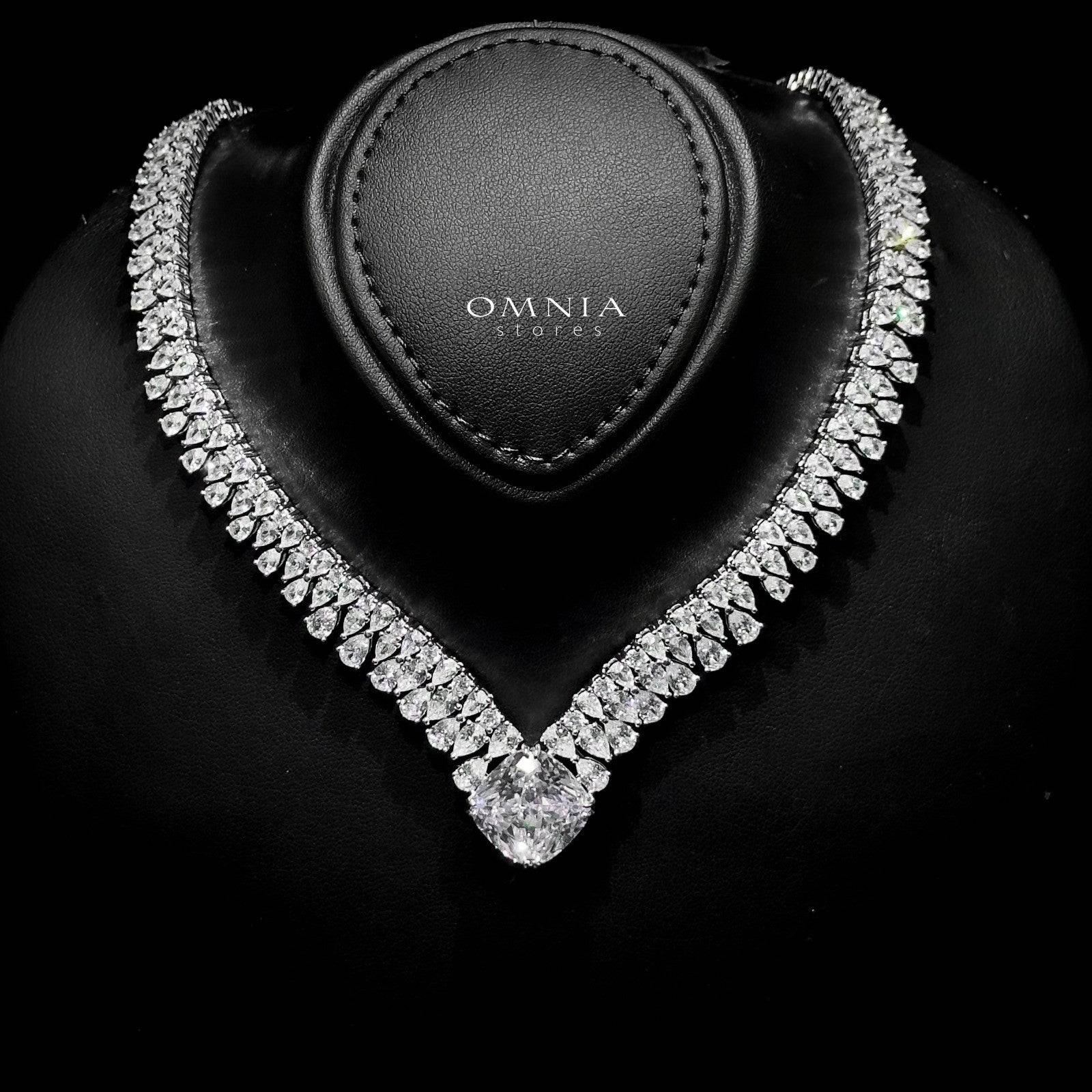 Omnia Adrielle White V-Cut Necklace in 925 Silver with Graduated Pear-Cut High-Quality Simulated Diamonds - OMNIASTORES UAE