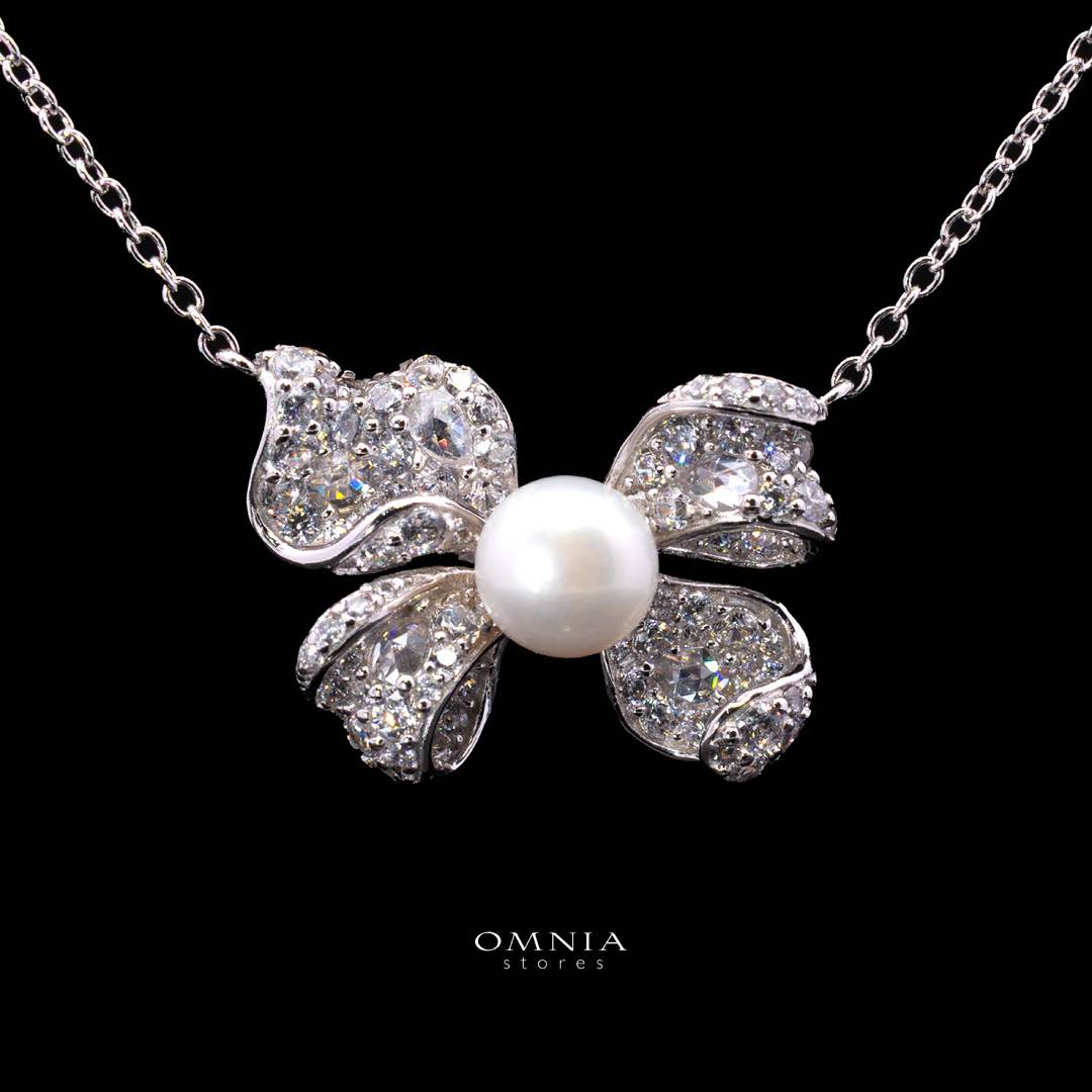 Omnia Pearl Butterfly Necklace in 92.5 Silver with High Quality Simulated Diamonds - OMNIASTORES UAE